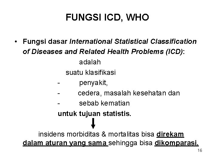 FUNGSI ICD, WHO • Fungsi dasar International Statistical Classification of Diseases and Related Health