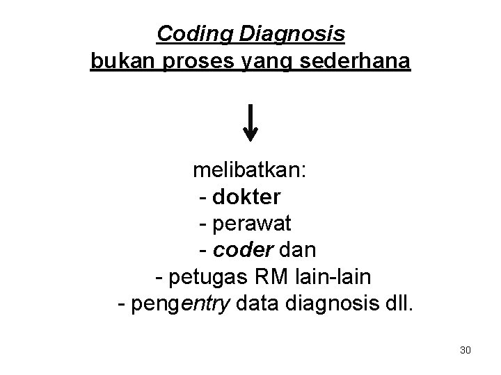 Coding Diagnosis bukan proses yang sederhana melibatkan: - dokter - perawat - coder dan