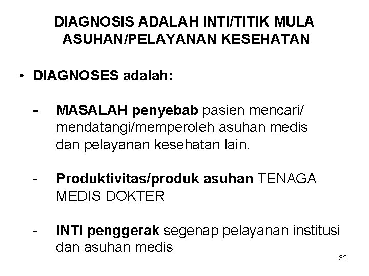 DIAGNOSIS ADALAH INTI/TITIK MULA ASUHAN/PELAYANAN KESEHATAN • DIAGNOSES adalah: - MASALAH penyebab pasien mencari/