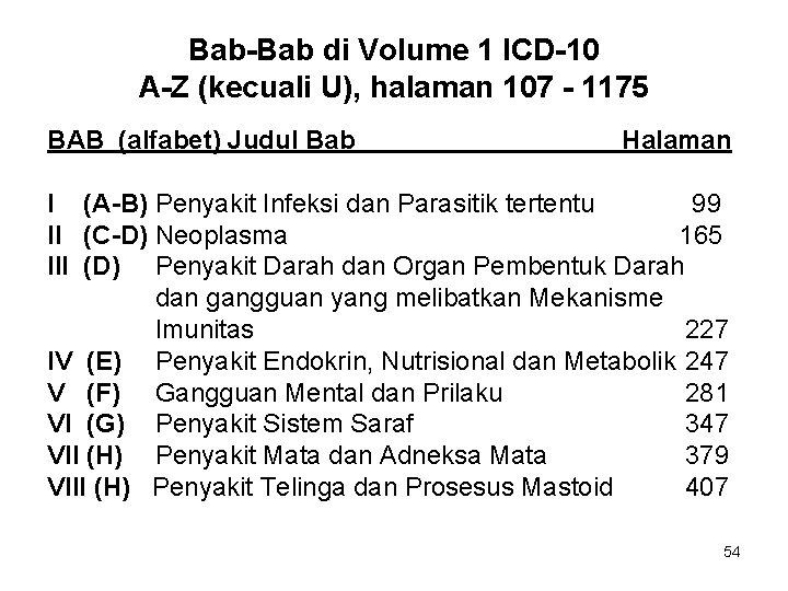 Bab-Bab di Volume 1 ICD-10 A-Z (kecuali U), halaman 107 - 1175 BAB (alfabet)