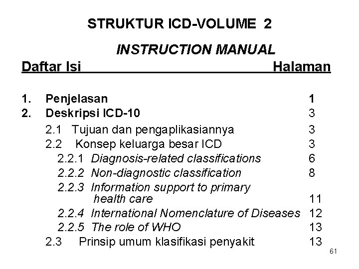 STRUKTUR ICD-VOLUME 2 Daftar Isi 1. 2. INSTRUCTION MANUAL Halaman Penjelasan Deskripsi ICD-10 2.