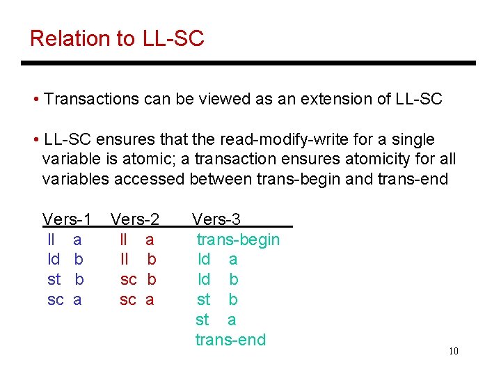 Relation to LL-SC • Transactions can be viewed as an extension of LL-SC •