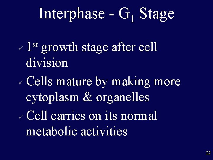 Interphase - G 1 Stage 1 st growth stage after cell division ü Cells
