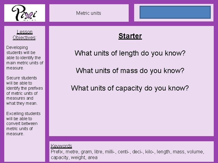 24 May 2021 Metric units Lesson Objectives: Developing students will be able to identify