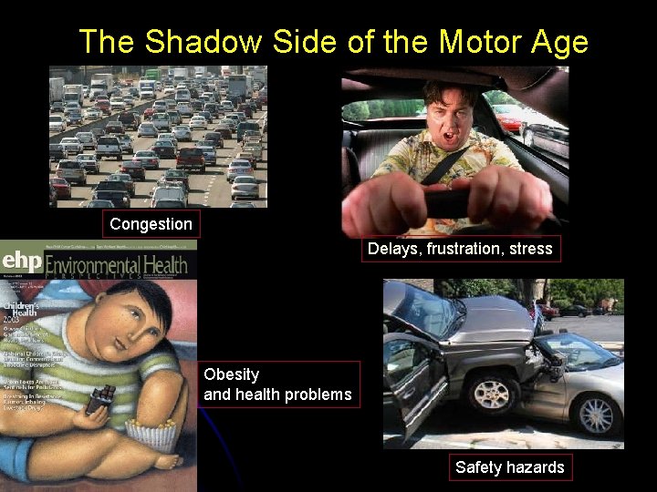 The Shadow Side of the Motor Age Congestion Delays, frustration, stress Obesity and health