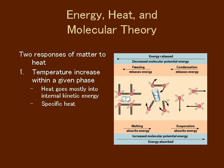 Energy, Heat, and Molecular Theory Two responses of matter to heat 1. Temperature increase