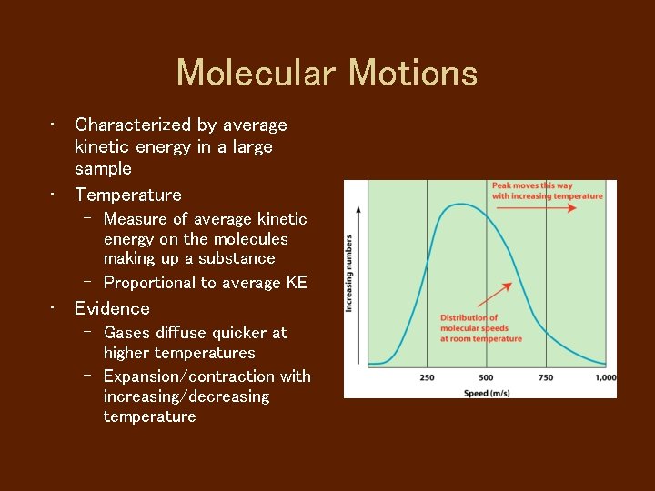 Molecular Motions • Characterized by average kinetic energy in a large sample • Temperature