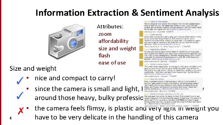 Information Extraction & Sentiment Analysis Attributes: zoom affordability size and weight flash ease of