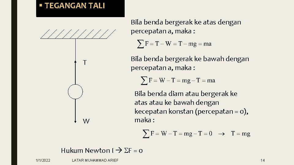 § TEGANGAN TALI Bila benda bergerak ke atas dengan percepatan a, maka : T