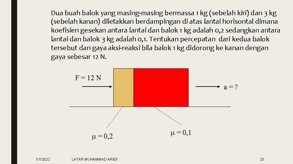 Dua buah balok yang masing-masing bermassa 1 kg (sebelah kiri) dan 3 kg (sebelah