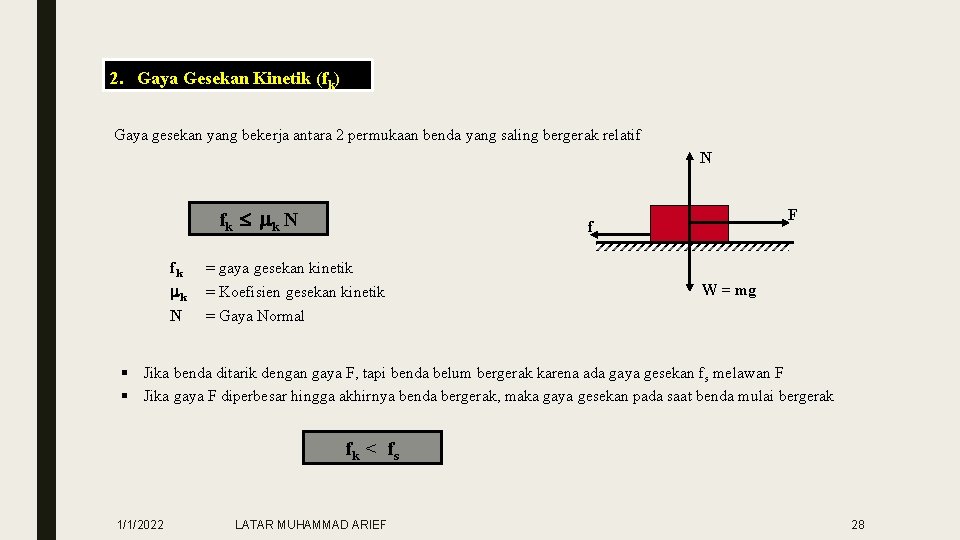 2. Gaya Gesekan Kinetik (fk) Gaya gesekan yang bekerja antara 2 permukaan benda yang