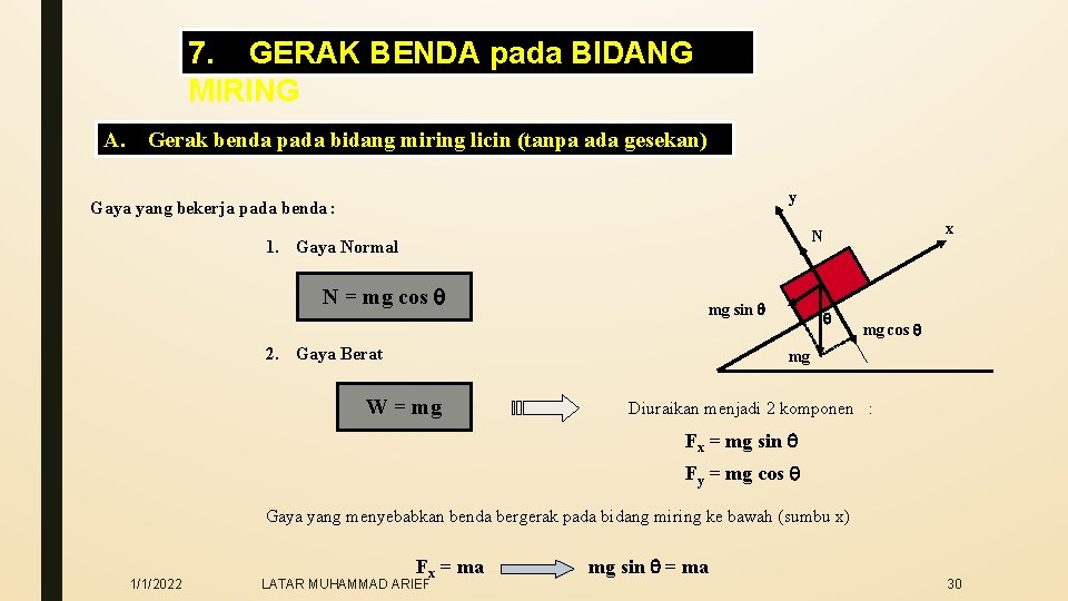 7. GERAK BENDA pada BIDANG MIRING A. Gerak benda pada bidang miring licin (tanpa