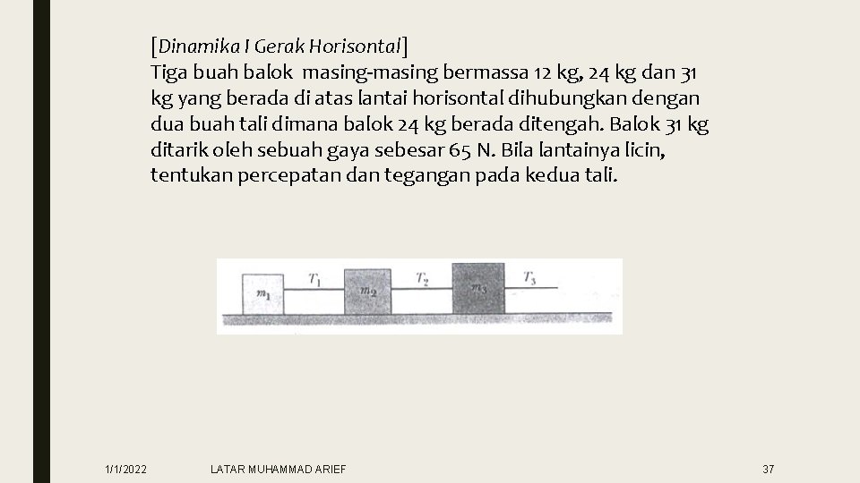 [Dinamika I Gerak Horisontal] Tiga buah balok masing-masing bermassa 12 kg, 24 kg dan