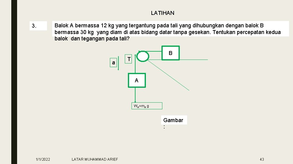 LATIHAN 3. Balok A bermassa 12 kg yang tergantung pada tali yang dihubungkan dengan