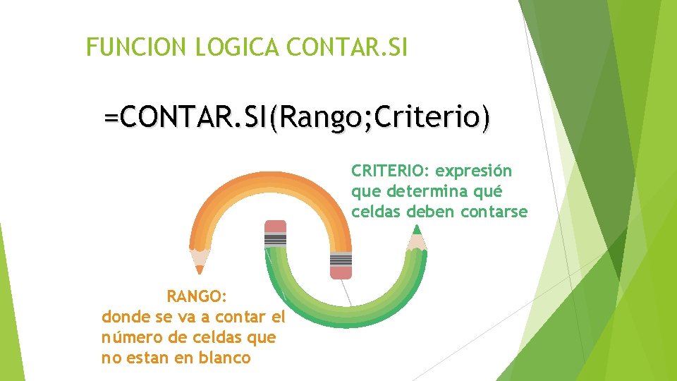 FUNCION LOGICA CONTAR. SI =CONTAR. SI(Rango; Criterio) CRITERIO: expresión que determina qué celdas deben FUNCION LOGICA CONTAR. SI =CONTAR. SI(Rango; Criterio) CRITERIO: expresión que determina qué celdas deben