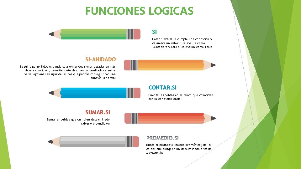 FUNCIONES LOGICAS SI Comprueba si se cumple una condicion y devuelve un valor si FUNCIONES LOGICAS SI Comprueba si se cumple una condicion y devuelve un valor si