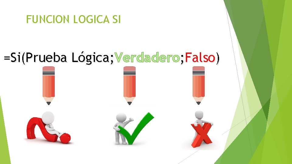 FUNCION LOGICA SI =Si(Prueba Lógica; Verdadero; Falso) FUNCION LOGICA SI =Si(Prueba Lógica; Verdadero; Falso)