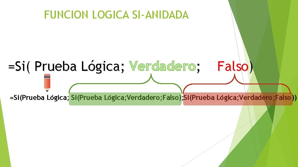 FUNCION LOGICA SI-ANIDADA =Si( Prueba Lógica; Verdadero; Falso) =Si(Prueba Lógica; Verdadero; Falso); Si(Prueba Lógica; FUNCION LOGICA SI-ANIDADA =Si( Prueba Lógica; Verdadero; Falso) =Si(Prueba Lógica; Verdadero; Falso); Si(Prueba Lógica;