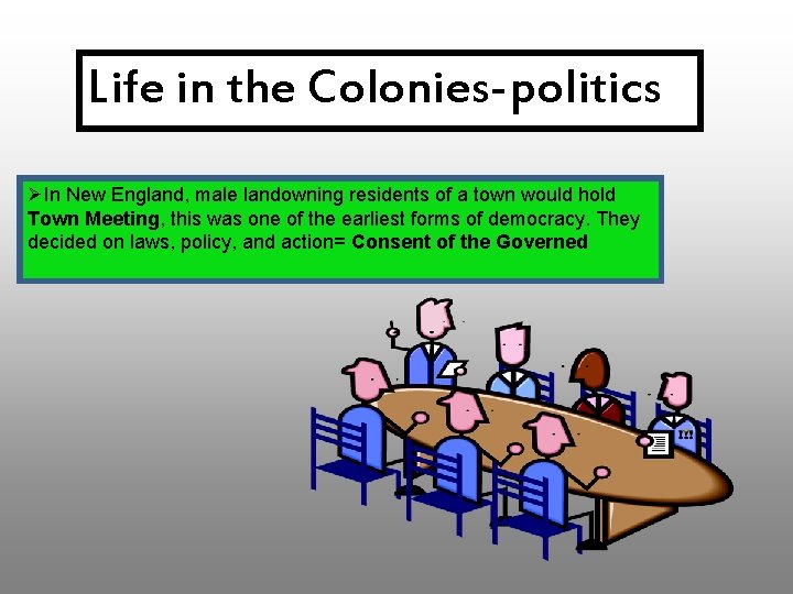 Life in the Colonies-politics ØIn New England, male landowning residents of a town would