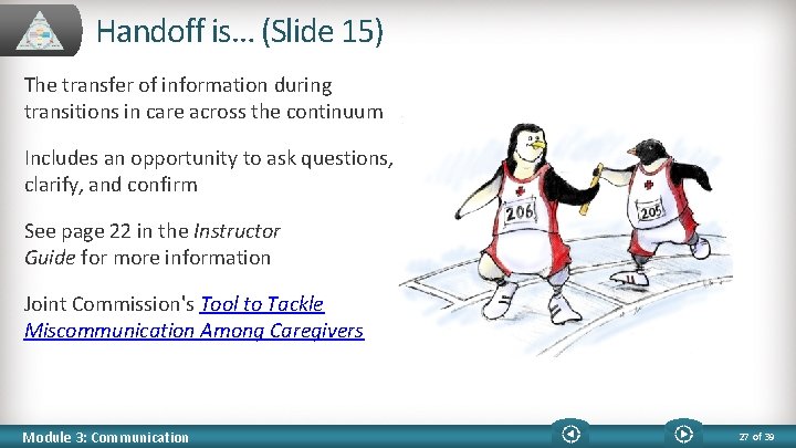 Handoff is… (Slide 15) The transfer of information during transitions in care across the