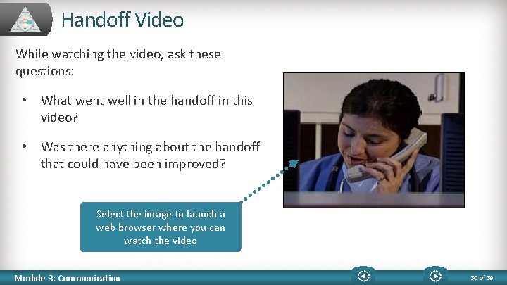 Handoff Video While watching the video, ask these questions: • What went well in