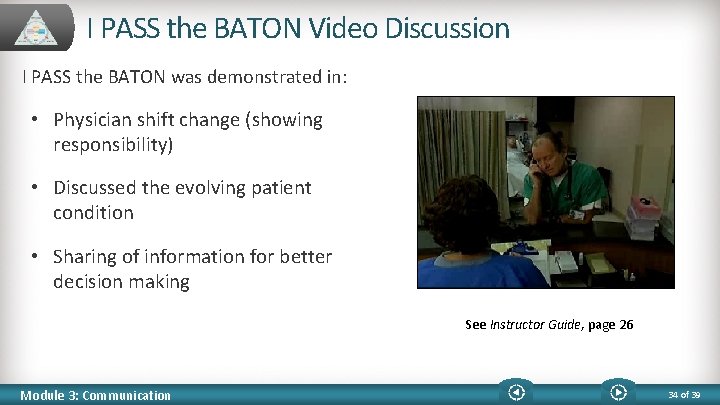 I PASS the BATON Video Discussion I PASS the BATON was demonstrated in: •