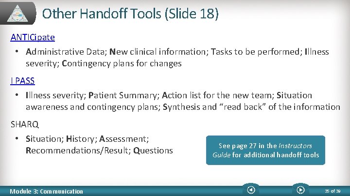 Other Handoff Tools (Slide 18) ANTICipate • Administrative Data; New clinical information; Tasks to