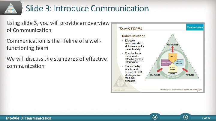 Slide 3: Introduce Communication Using slide 3, you will provide an overview of Communication