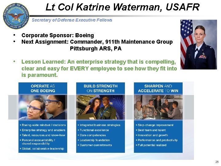 Lt Col Katrine Waterman, USAFR Secretary of Defense Executive Fellows • Corporate Sponsor: Boeing