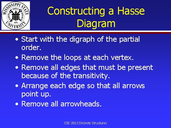 Constructing a Hasse Diagram • Start with the digraph of the partial order. •