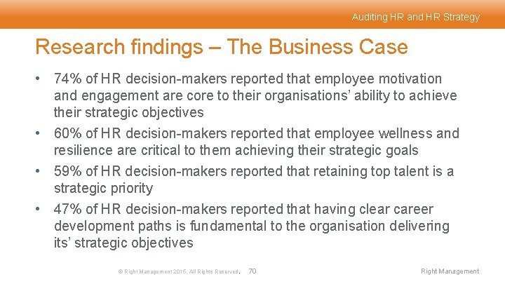 Auditing HR and HR Strategy Research findings – The Business Case • 74% of