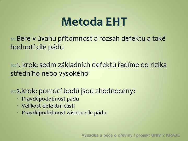 Metoda EHT Bere v úvahu přítomnost a rozsah defektu a také hodnotí cíle pádu