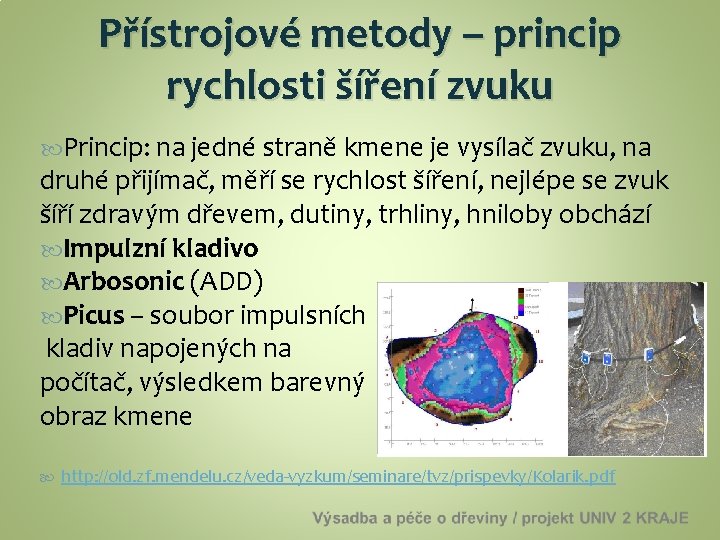 Přístrojové metody – princip rychlosti šíření zvuku Princip: na jedné straně kmene je vysílač