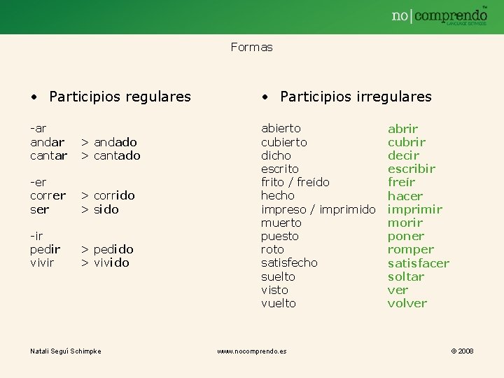 Formas • Participios regulares • Participios irregulares -ar andar cantar > andado > cantado