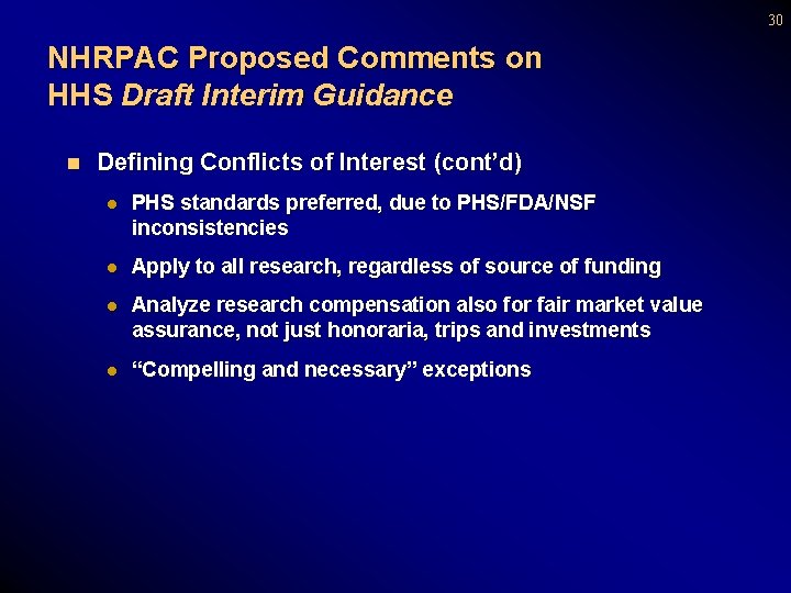 30 NHRPAC Proposed Comments on HHS Draft Interim Guidance n Defining Conflicts of Interest