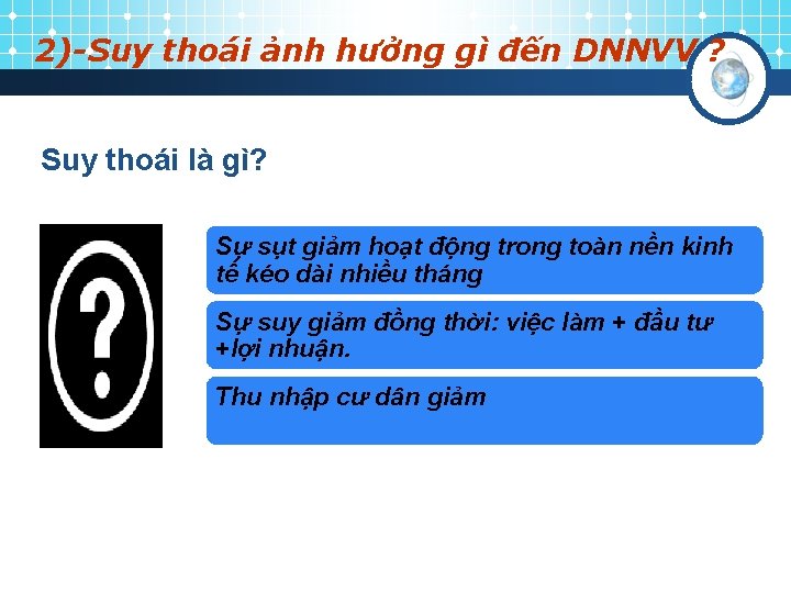 2)-Suy thoái ảnh hưởng gì đến DNNVV ? Suy thoái là gì? Sự sụt