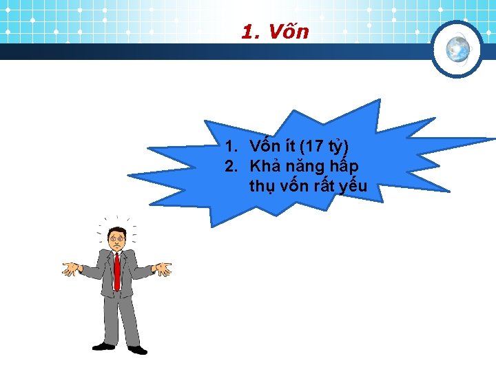 1. Vốn ít (17 tỷ) 2. Khả năng hấp thụ vốn rất yếu 