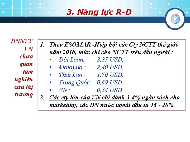 3. Năng lực R-D DNNVV VN chưa quan tâm nghiên cứu thị trường 1.