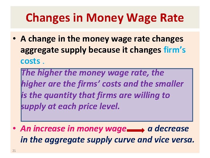 Changes in Money Wage Rate • A change in the money wage rate changes