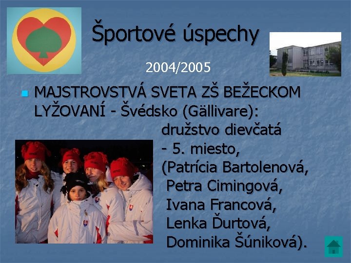 Športové úspechy 2004/2005 n MAJSTROVSTVÁ SVETA ZŠ BEŽECKOM LYŽOVANÍ - Švédsko (Gällivare): družstvo dievčatá Športové úspechy 2004/2005 n MAJSTROVSTVÁ SVETA ZŠ BEŽECKOM LYŽOVANÍ - Švédsko (Gällivare): družstvo dievčatá