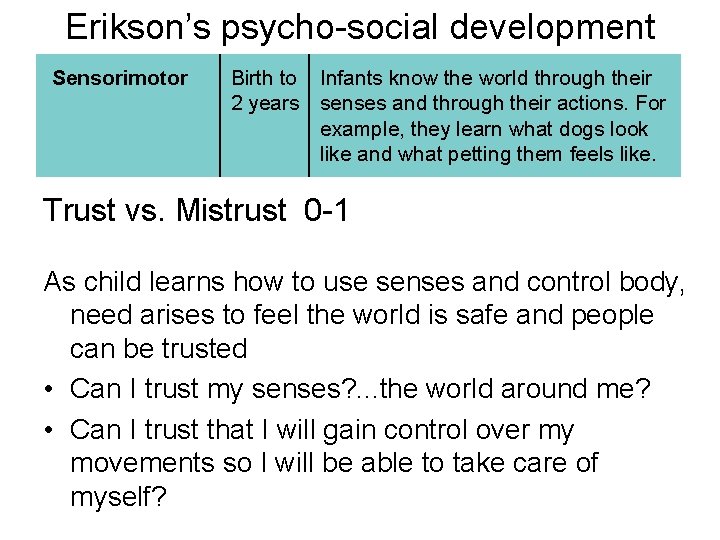 Erikson’s psycho-social development Sensorimotor Birth to Infants know the world through their 2 years