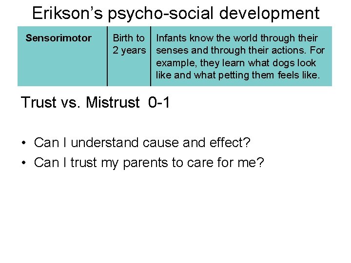 Erikson’s psycho-social development Sensorimotor Birth to Infants know the world through their 2 years