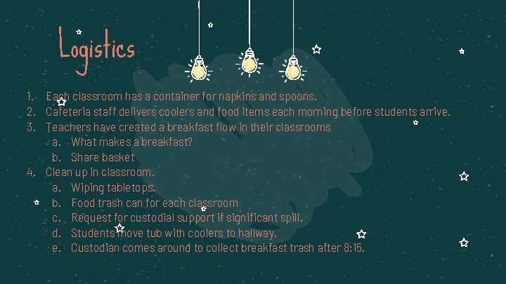 Logistics 1. Each classroom has a container for napkins and spoons. 2. Cafeteria staff