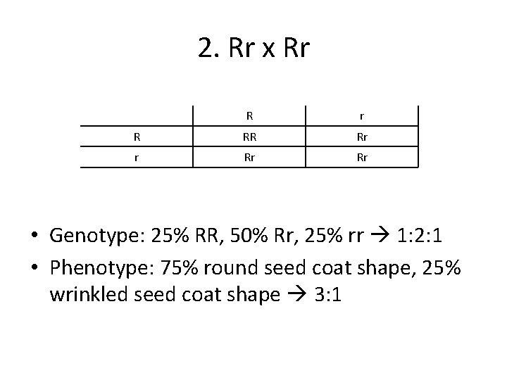 2. Rr x Rr R RR Rr r Rr Rr • Genotype: 25% RR,