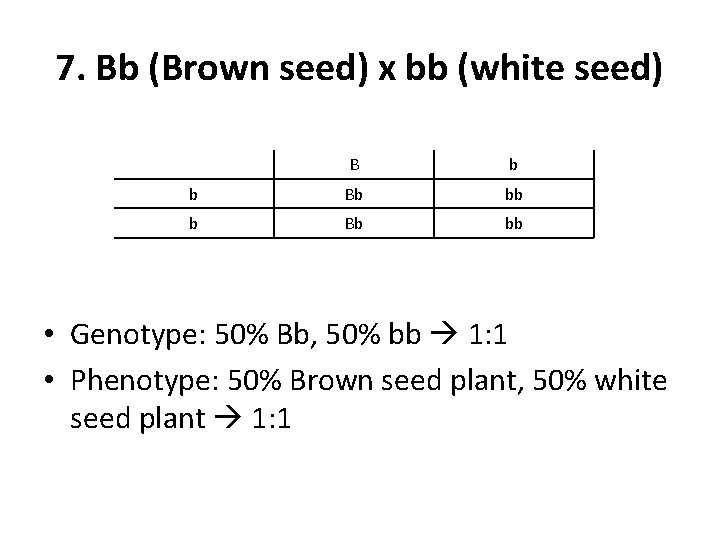 7. Bb (Brown seed) x bb (white seed) B b b Bb bb •