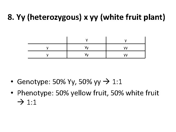 8. Yy (heterozygous) x yy (white fruit plant) Y y y Yy yy •