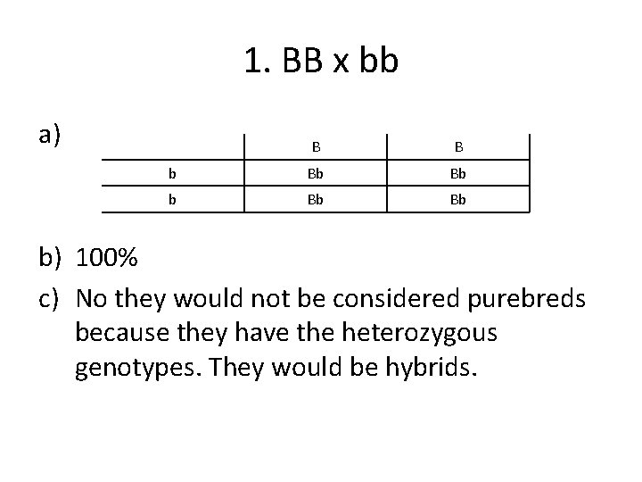 1. BB x bb a) B B b Bb Bb b) 100% c) No