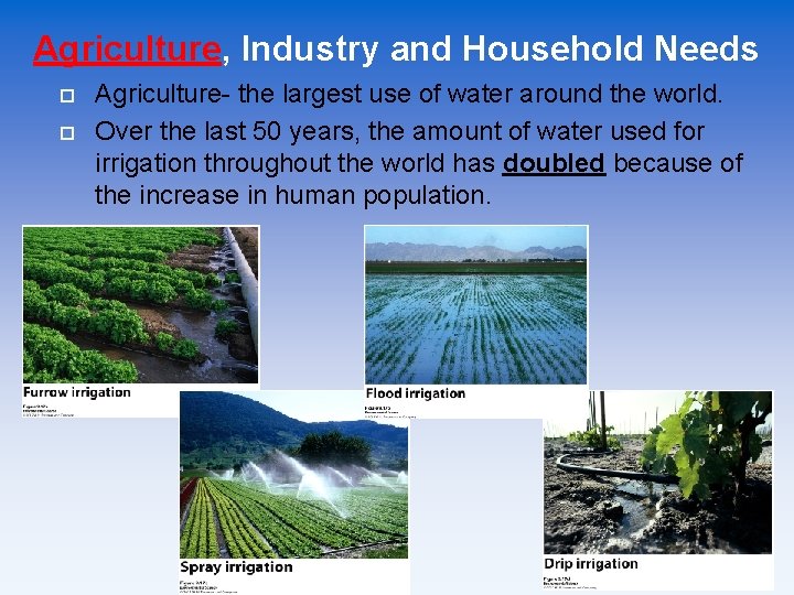 Agriculture, Industry and Household Needs Agriculture- the largest use of water around the world.