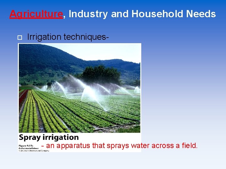 Agriculture, Industry and Household Needs Irrigation techniques- - an apparatus that sprays water across