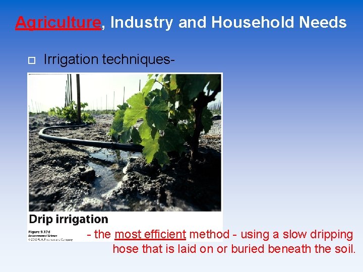 Agriculture, Industry and Household Needs Irrigation techniques- - the most efficient method - using